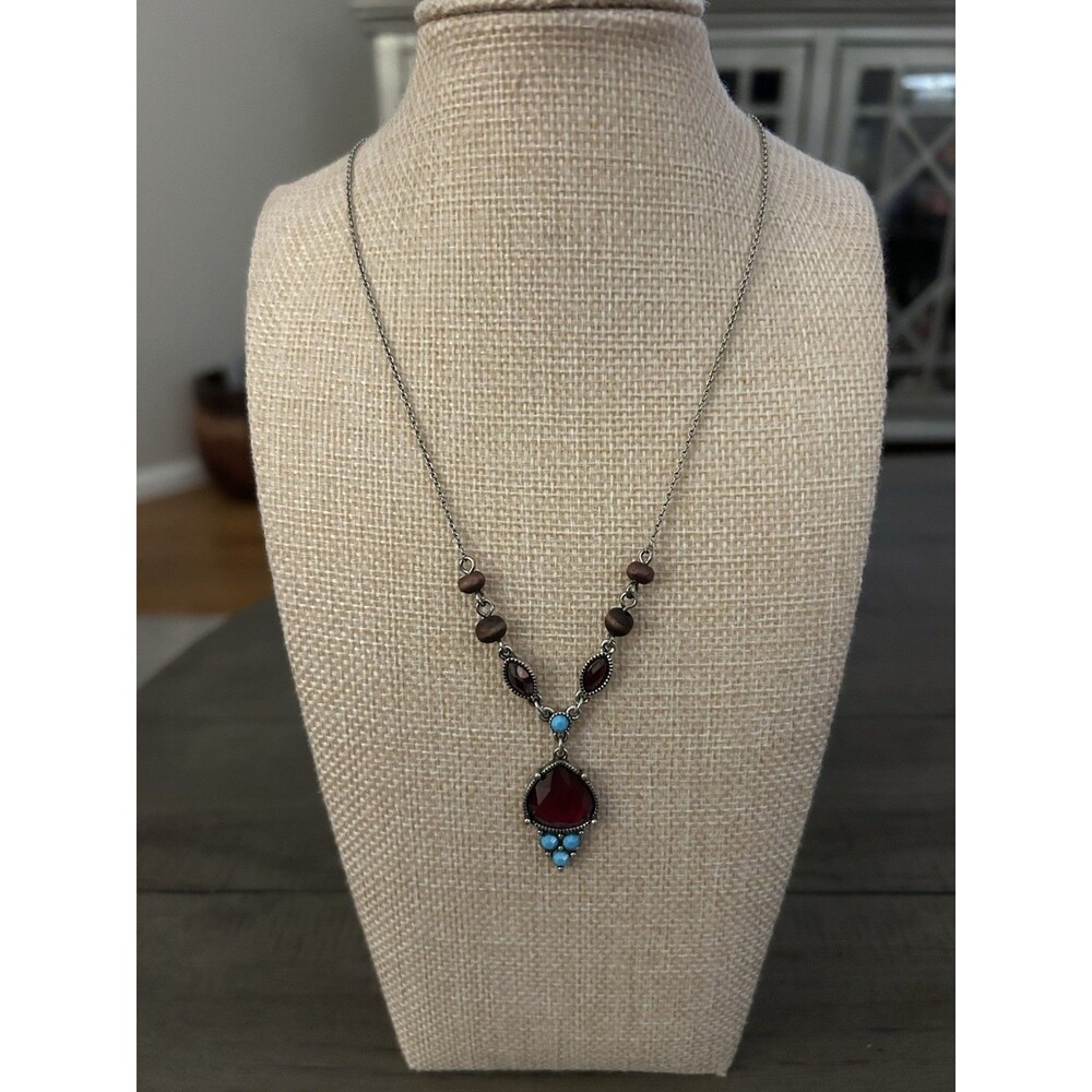 Vintage Bronze Tone 17 “ Necklace With Deep Red Center Stone And Turquoise Beads